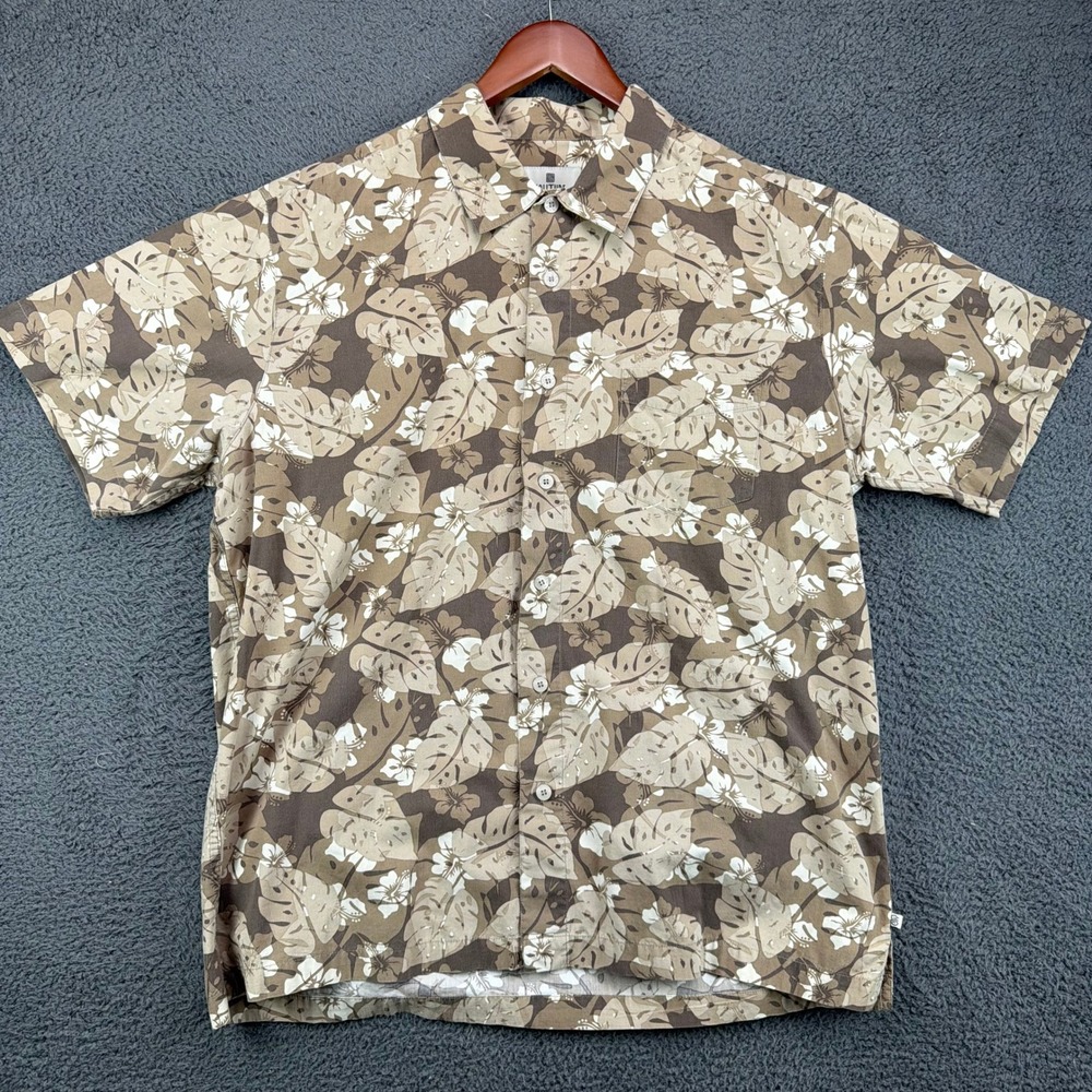 Solitude Mens Brown Floral Monstera Hibiscus Short Sleeve Button Up Shirt Large